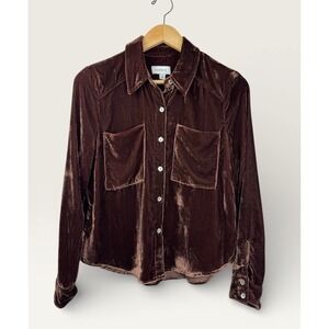 EVEREVE Velvet Button Up Shirt Chocolate Brown Long Sleeve Women's XS